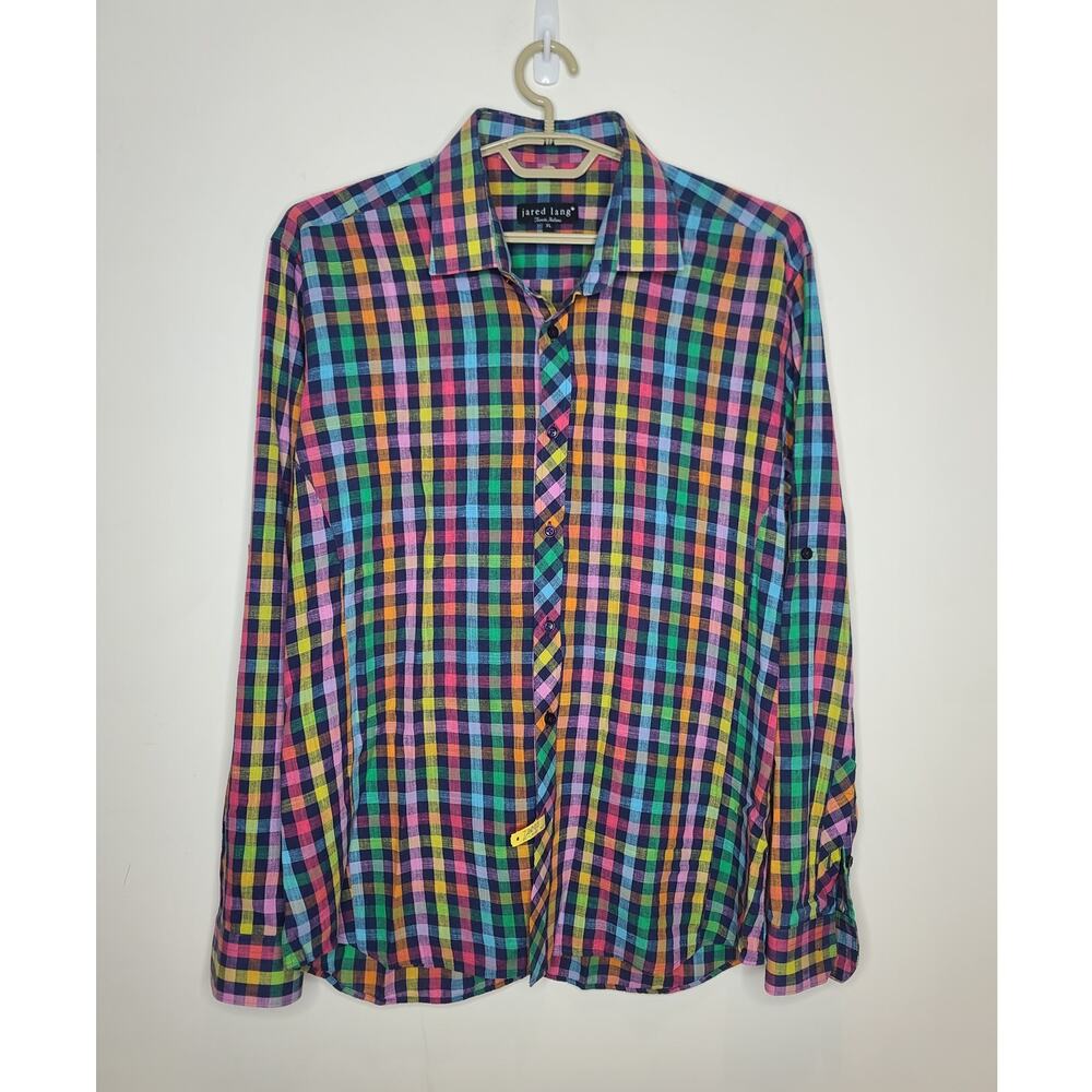 Jared Lang rainbow plaid linen long sleeve button down shirt - XL